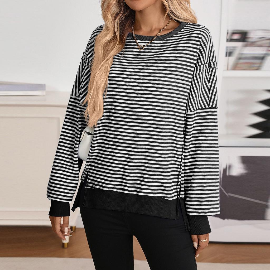 Женский лонгслив с круглым вырезом, в полоску, универсальный, повседневный, свободный