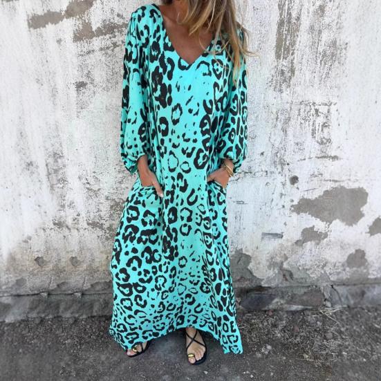 Женское платье с леопардовым принтом, V-образный вырез, длинный рукав, макси-платье, повседневный свободный крой
