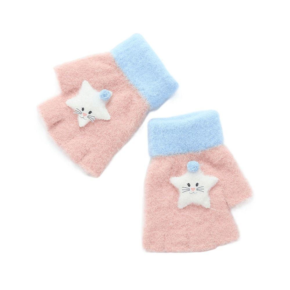 Plush Half Finger Cat Five Fingers Korean Mittens Star Kids Outdoor Gloves Children Winter Gloves