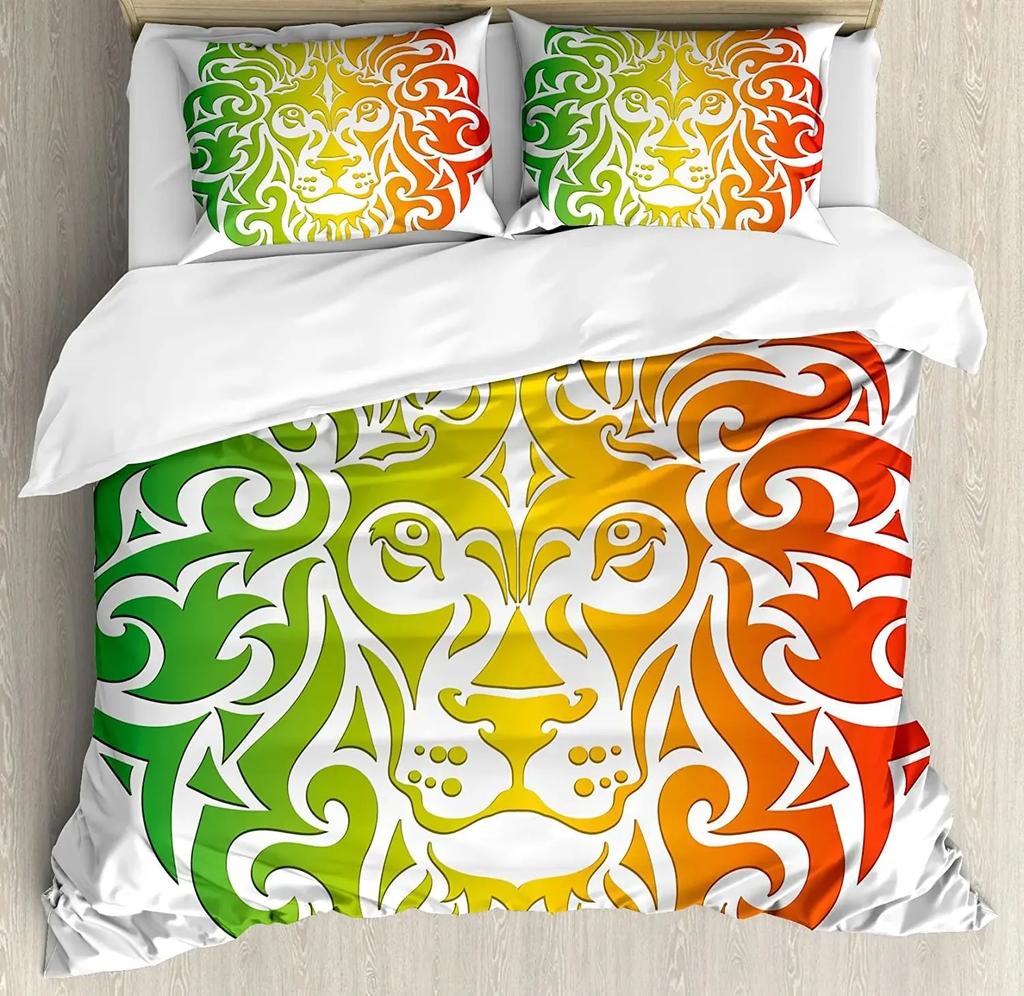 Комплект пододеяльника Раста, Лев Флаг Растафари Джунгли Регги Постельное белье Арт Красочный Культурный Фольклорный Принт Комплект пододеяльника