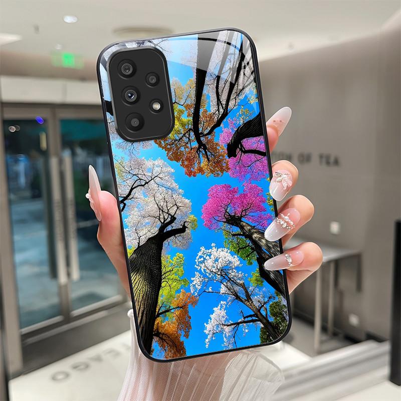 Cute Cartoon Cats Flower Case For Samsung Galaxy A52 A52S A72 4G 5G Tempered Glass Phone Case Protective Back Cover Hard Shell