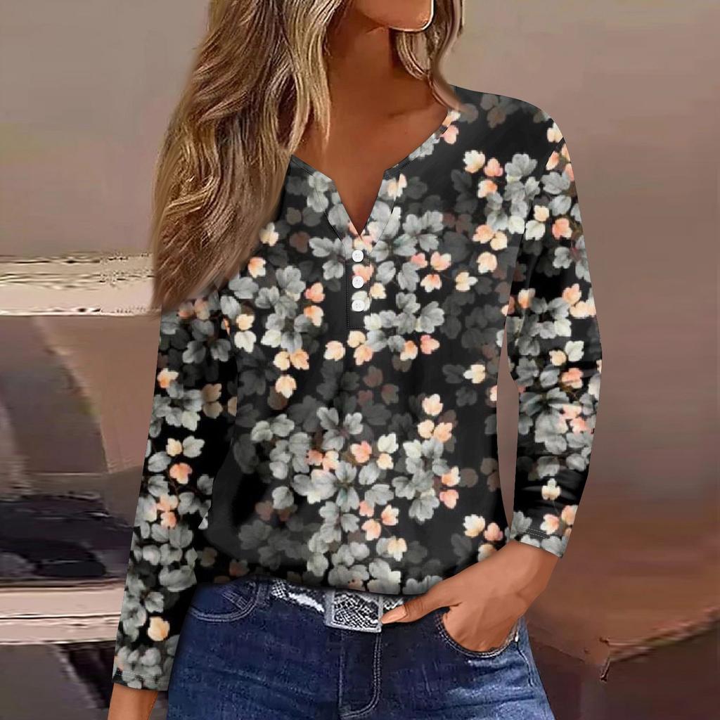 Женская модная повседневная футболка с v-образным вырезом и длинным рукавом с цветочным принтом, украшенная топами
