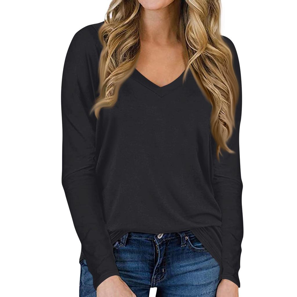 Женская повседневная однотонная футболка с длинными рукавами и V-образным вырезом, топ, пуловер
