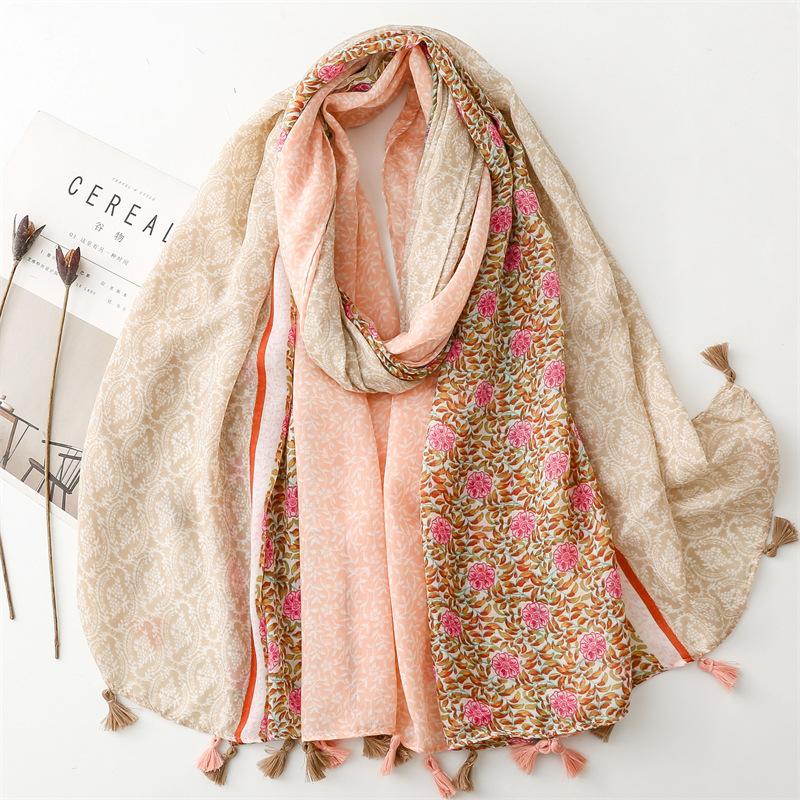 Spain Fashion Patchwork Polka Floral Viscose Shawl Scarf Lady High Quality Wrap Pashmina Stole Bufanda Muslim Hijab 180*90Cm