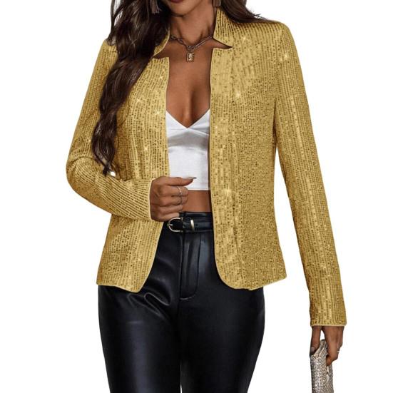 Women Cardigan Coat Stand Collar Short Type Long Sleeves Solid Color Sequin Jacket for Club Party Prom Slim Fit Commuting Outerwear