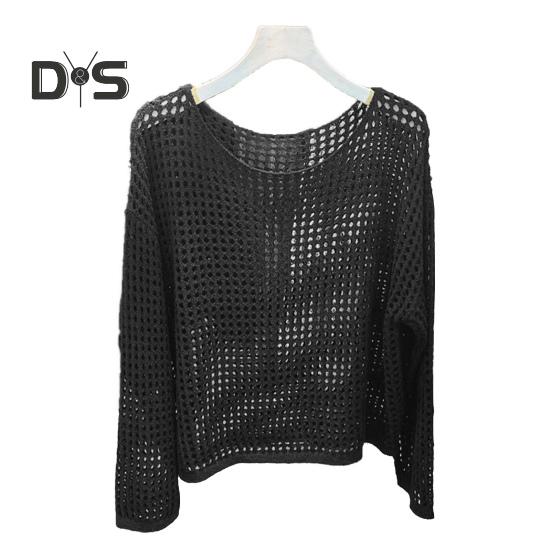 Солнцезащитный чехол с круглым вырезом и длинным рукавом, однотонные трикотажные топы свободного кроя, ажурный трикотажный дизайн, повседневные топы