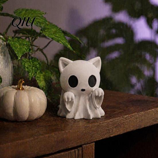 Desktop Miniature Statue Halloween Ghost Cat Statue, 3D Printed Ornament, White Gothic Home Accessory Cute Figurine for Office Desk Decoration