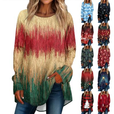 Женская мода повседневная футболка с круглым вырезом и рождественским принтом на плечах с длинными рукавами