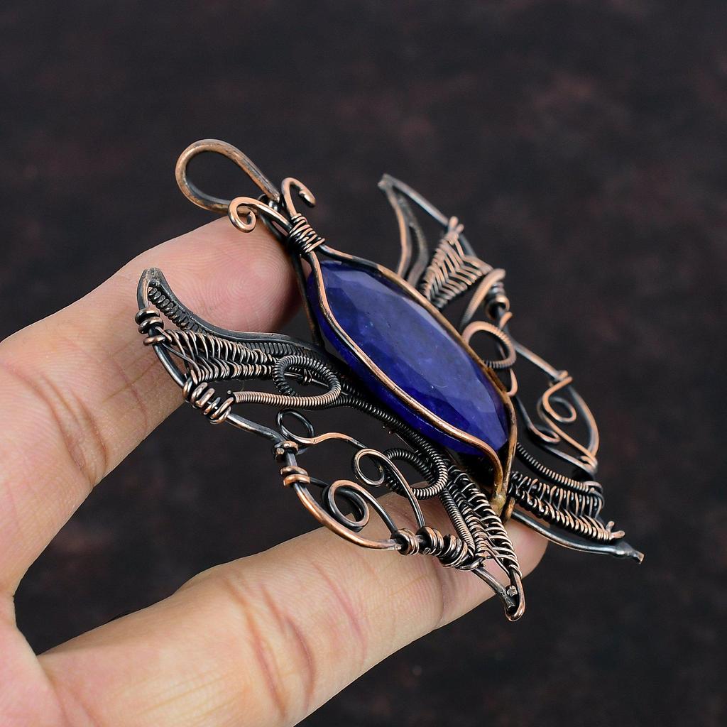 Граненый кулон из синего сапфира, обернутый медной проволокой, ручной работы, кулон-бабочка, драгоценный камень, медные украшения, подарок для него, украшения из проволоки