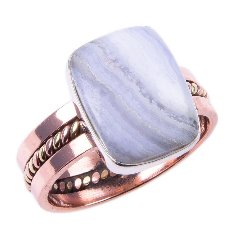 Натуральный синий кружевной агат, двухцветное кольцо из стерлингового серебра 925 пробы, размер 9 E5S85