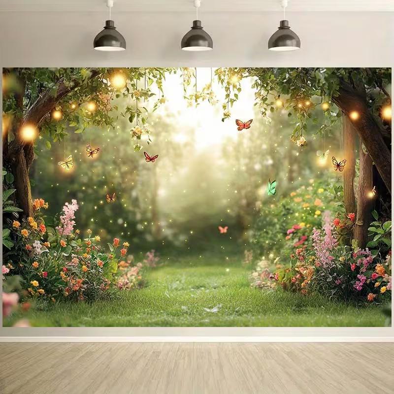 2D Enchanted Forest Backdrop Magical Butterfly Photography Background Banner