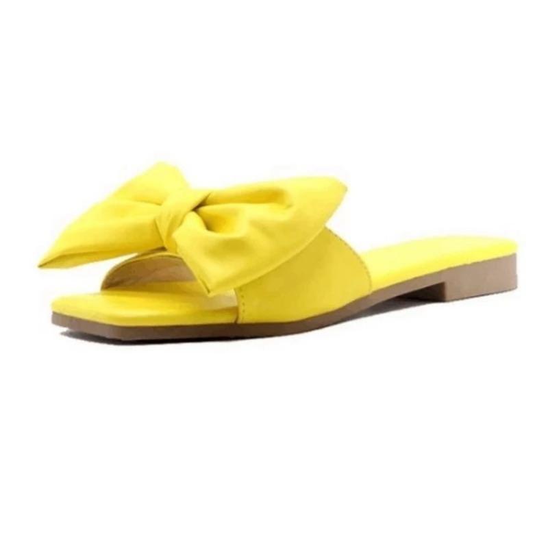 2024 Sandals Fashion Summer Plus Size One-line Solid Color Bow Flat Sandals Outdoor Beach Slippers Elegant Women Shoes