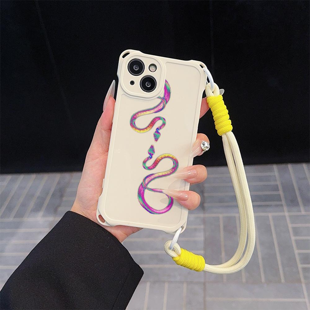 Soft Phone Cases for iPhone 16 15 13 12 11 14 Pro Max 8 Plus Four Corners Anti-Drop Protective Cover Optional Lanyard Rope N73 Black Gold Snake Design