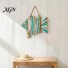 Housewarming Coastal Gifts Fish Handmade Wall Decor, Rustic Hanging Ornament with Sea Glass Nautical Ornaments Jute Rope, Bohemian Beach Style Art for