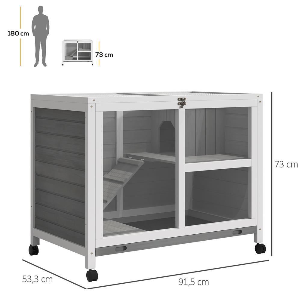 Small animal hutch with 2 levels, 4 wheels, sealed fir wood, grey