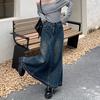 Women Skirt A-line Big Swing Denim Retro Pockets Patchwork Solid Color High Waist Button Zipper Closure Ankle Length Ripped Edge Lady Maxi Skirt