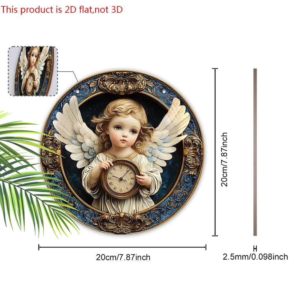 Wooden Sign Adorable Angel & Clock Pattern - Charming Round Artwork for Front Door Wall Home Hanging Decoration