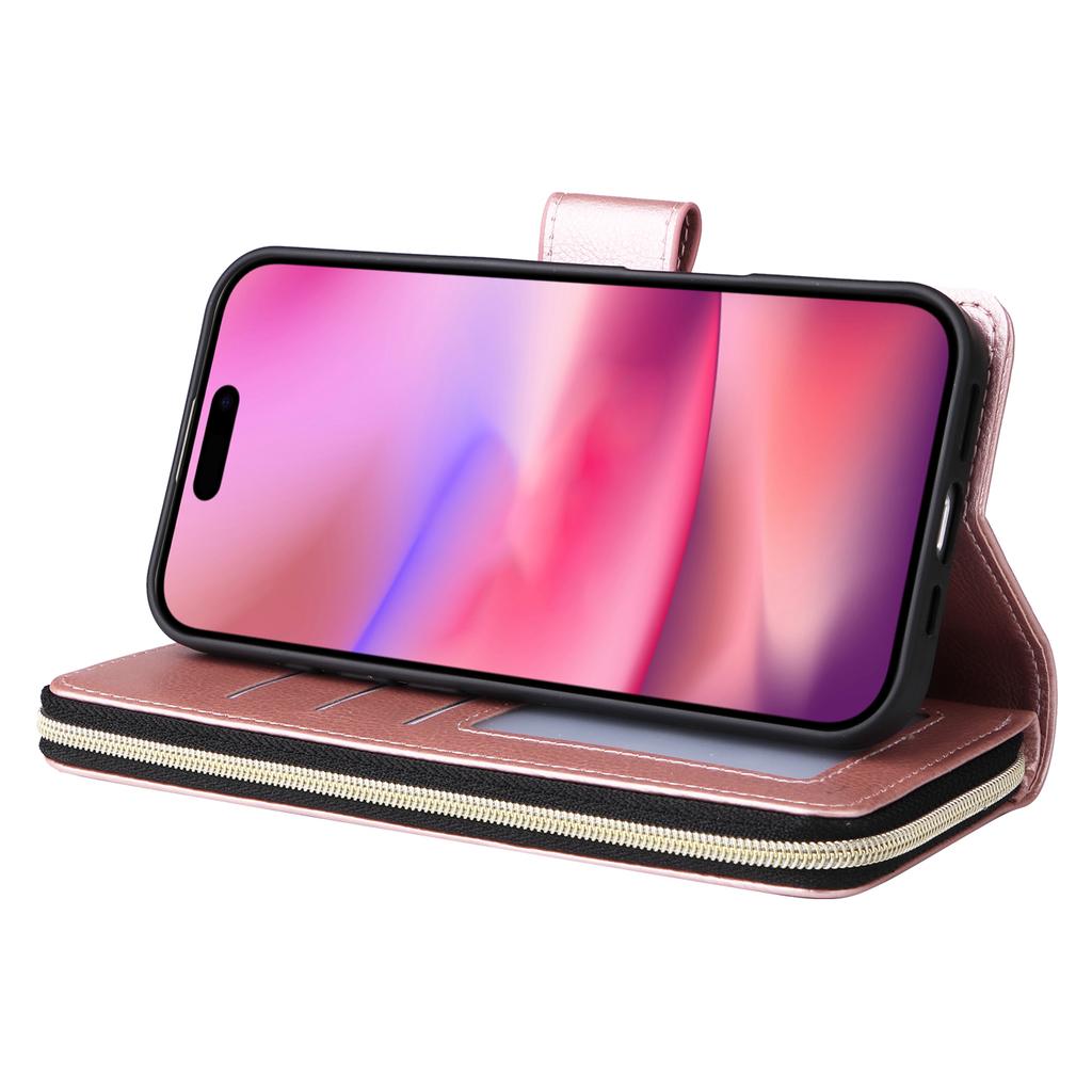 Для iPhone 17 Чехол Карман на молнии 9 слотов для карт Кожаный чехол для телефона из ПУ с ремешком для руки