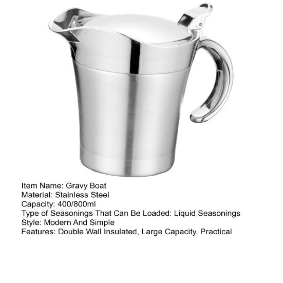 400/800ml Gravy Boat Stainless Steel Sauce Pot with Hinged Lid Double Wall Insulated Gravy Pitcher Milk Jug Dispenser for Sauce Syrup Cream