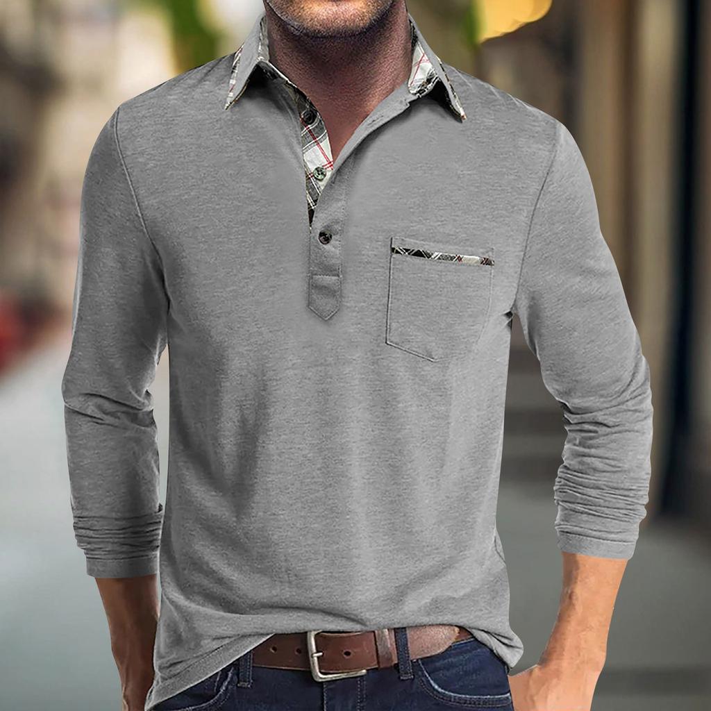 Мужская весенне-осенняя однотонная футболка с лацканами, 3 пуговицы, открытая планка и пуговицы, топ с длинными рукавами