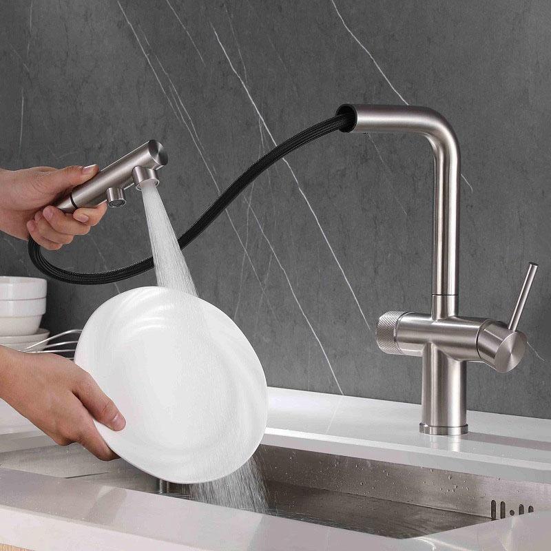Nickel 304 Stainless Steel Pull-out Kitchen Faucet Dual Swivel Spout Drinking Water Filter Purifier Vessel Sink Mixer Tap