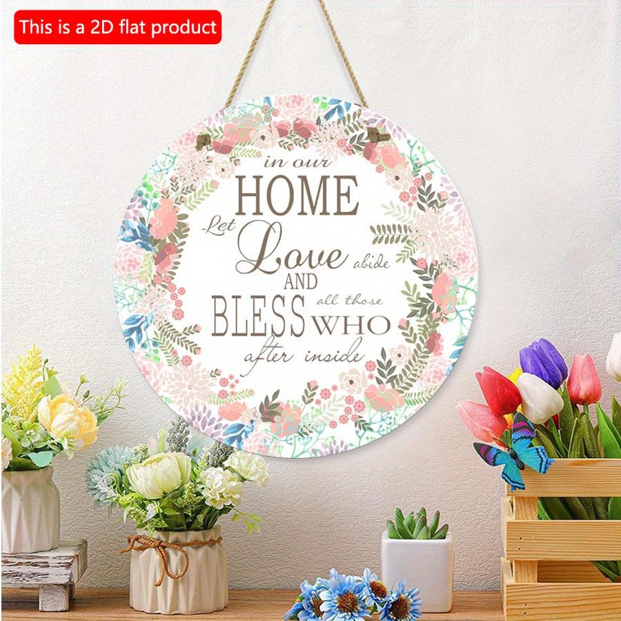 2D Flat 20*20cm1pc Home Love and Bless Simple Artistic Style Pink Garland Round Hanging Wooden Home Decoration, Light Pink Beatiful Flowers Print Wood