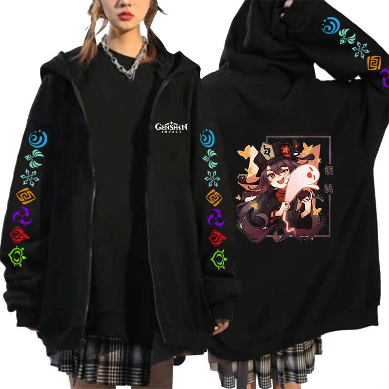 Genshin Impact Anime Print Hooded Cardigan Sweatshirt Loose Fit Teens Casual Wear