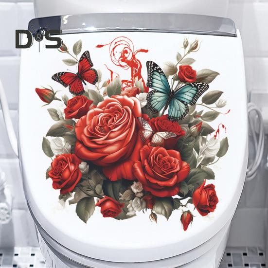 Наклейка на унитаз с бабочками и цветком розы, съемная водонепроницаемая наклейка из ПВХ для гостиной, ванной комнаты, стены искусства, цветочная крышка для унитаза, украшение на день Святого Валентина
