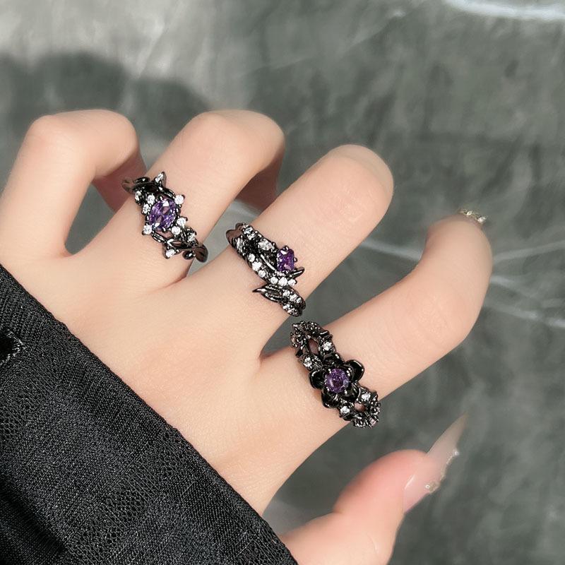 Fashion fried street dark wind flower black vine purple diamond personalized opening ring genderless wind cross-border punk ring tide