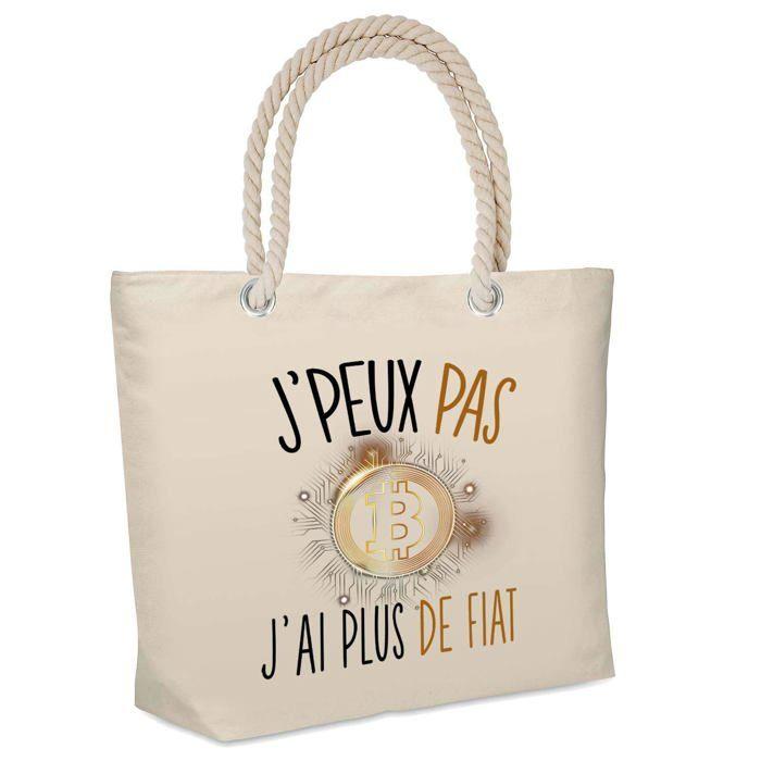 Sac de plage - PLANETEE - Bitcoin Cryptomonnaie "J'peux pas" - Coton naturel - Beige - Imprimé en France