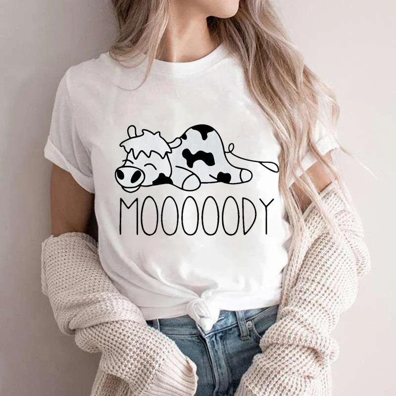 Moooody Cow Kawaii Футболки Женские Летние Забавные Футболки Ленивая Корова Животное Футболки Короткий Рукав Одежда Летняя Прохлада Стиль Футболка