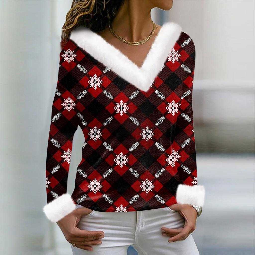 Женская футболка с рождественским принтом, длинный рукав, флисовый воротник, V-образный вырез, футболка