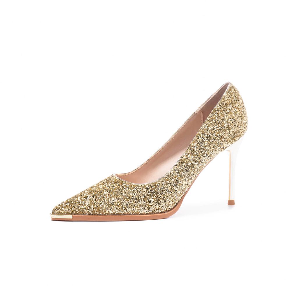 Блестки Металлическая головка Свадебные туфли Банкетное платье Высокие каблуки Женские роскошные женские туфли премиум-класса Универсальные тонкие каблуки с острым носком