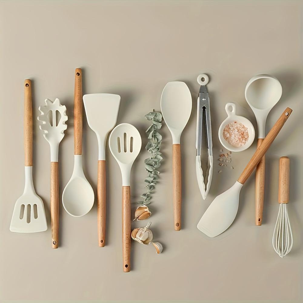 10 Pcs Silicone Cooking Utensil Set with Wooden Handles, Heat Resistant Non-Stick Kitchen Spatula Turner Spoon Tongs Whisk