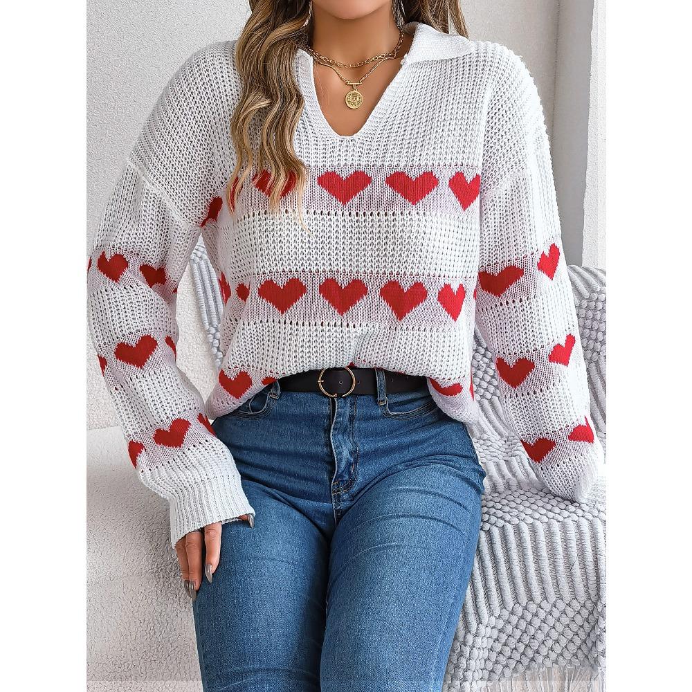 Autumn and Winter Casual Lantern Sleeve Contrast Color Love Pullover Sweater