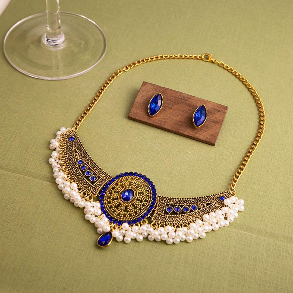 Жемчужный Богемный Набор Серьги Золотая Ретро Цепочка на Ключицу Персонализированное Этническое Ожерелье Ювелирные Изделия