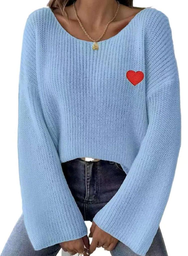 Valentine's Day Heart Embroidery One-Shoulder Pullover Sweater for Women