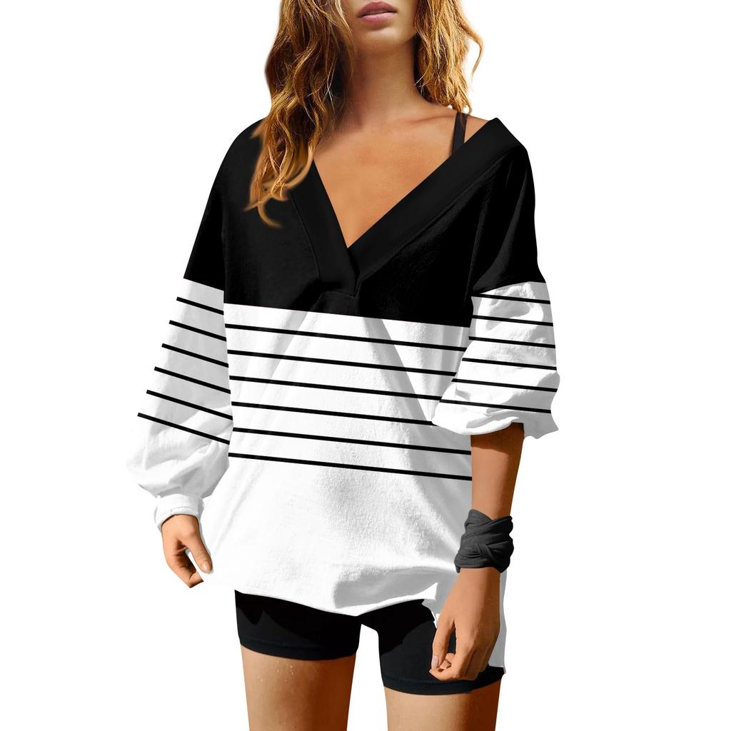 Женская мода полосатый принт V-образный вырез длинный рукав свободный пуловер свитшот топ