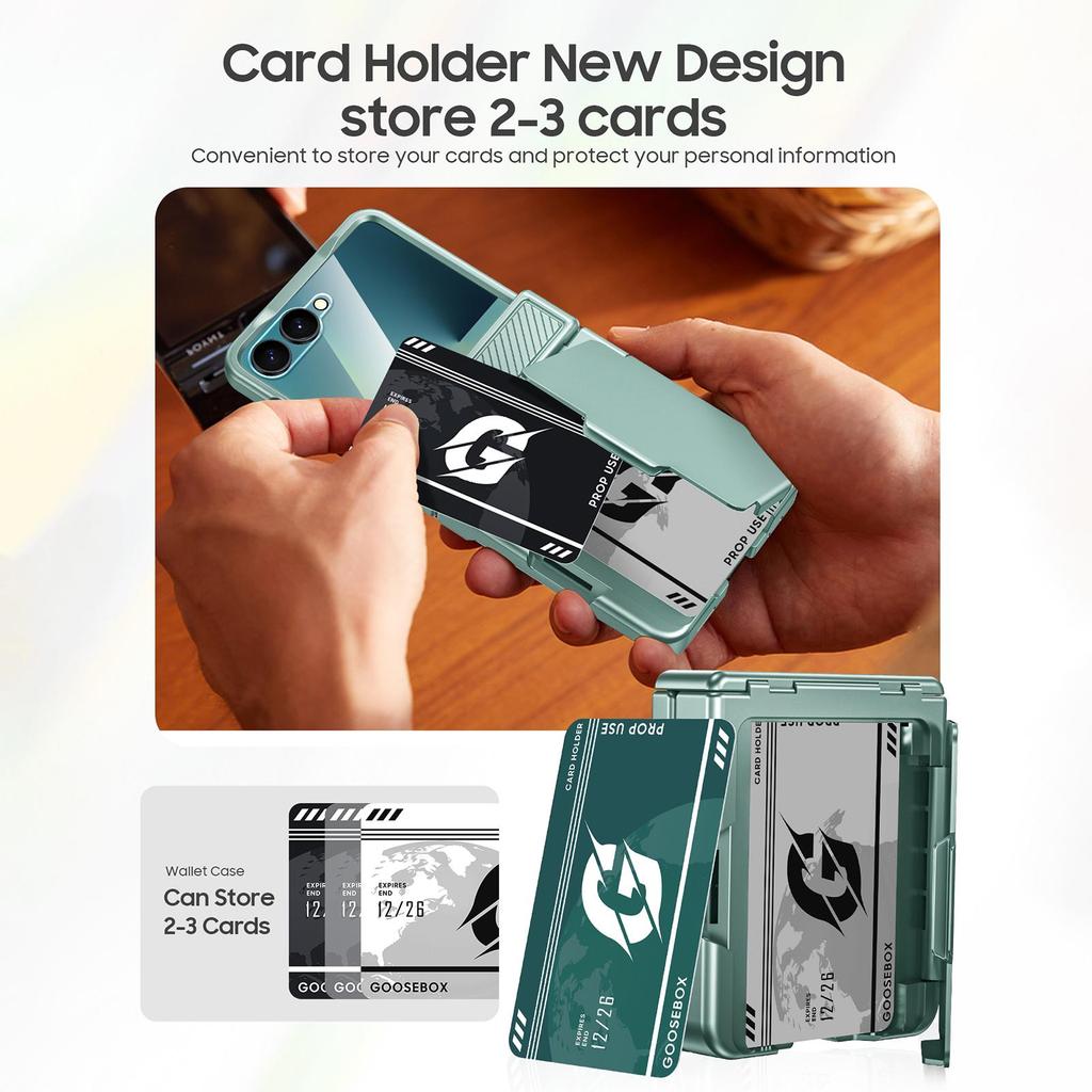 Для Samsung Galaxy Z Flip 7 с держателем для карт [RFID-блокировка] и защитой шарнира и HD-защитой экрана, Прочный противоударный чехол для телефона - Мятно-зеленый