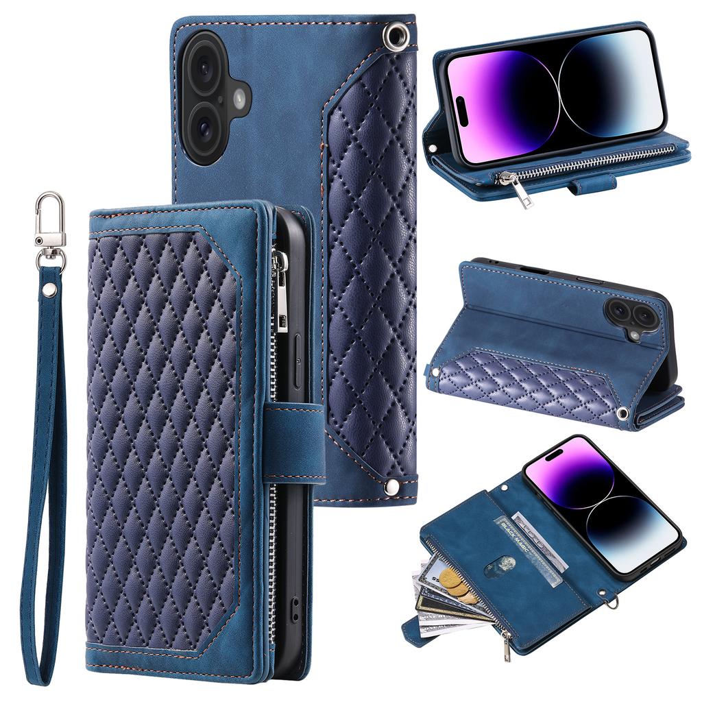 For iPhone 17 Wallet Case Rhombus Stitching Line PU Leather Phone Cover with Wrist Strap