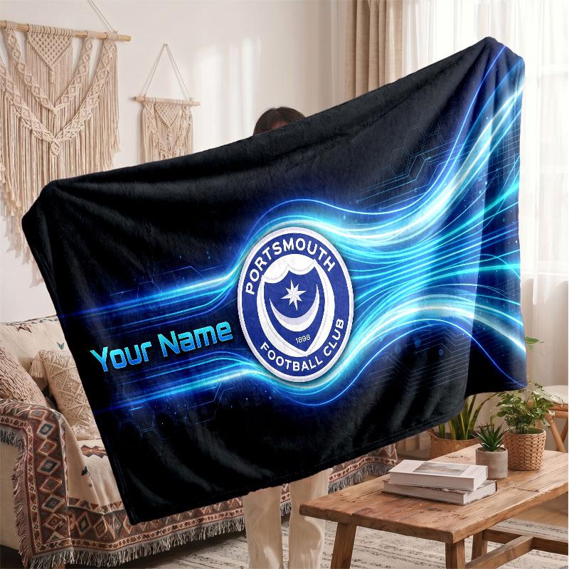 Portsmouth FC Personalized Fleece Blanket With Football Logo, Custom Name Text Soft Warm Home Throw Blanket