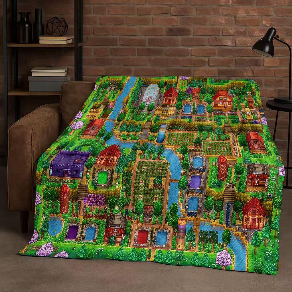 Retro Stardew Valley Farm Map Pixel Game Flannel Blanket,Ultra Soft Warm Plush Throw for Home Bedroom Bed Sofa Cover Kids Gift