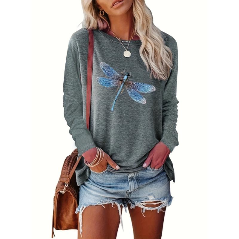 Новая разноцветная женская футболка с принтом стрекозы, укороченный топ с длинным рукавом, женская графическая блузка, женская одежда больших размеров, рубашки