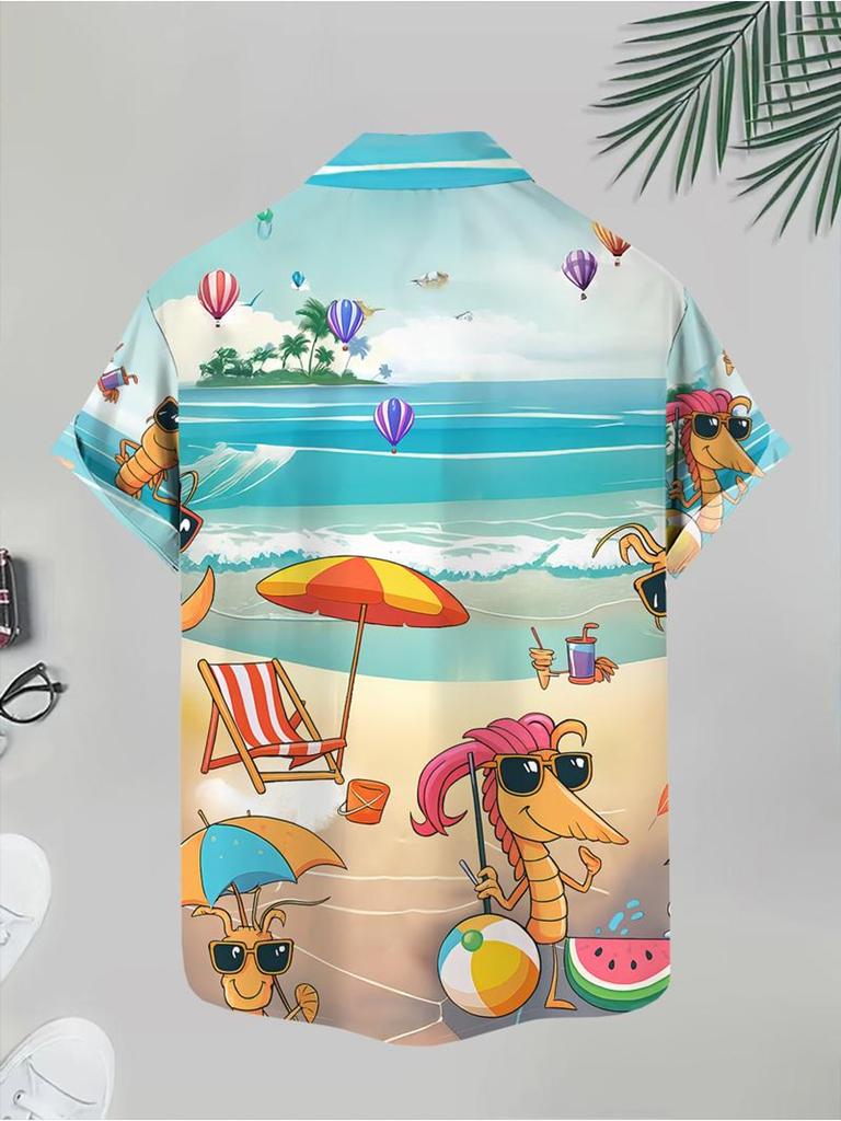 Men's Casual Short - Sleeve Shirt, Cartoon Shrimp Pattern Printed, Polyester Material, Mixed Color, Multiple Specifications Available, Suitable for