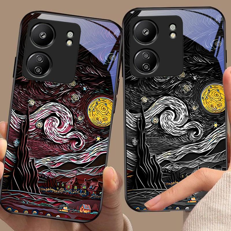 Ретро Масляная Живопись Для Xiaomi Redmi 13C Note13 12 Pro Plus 5G Note 9 13T Pro POCO X6 F5 F6 Черный Чехол для Телефона из Закаленного Стекла