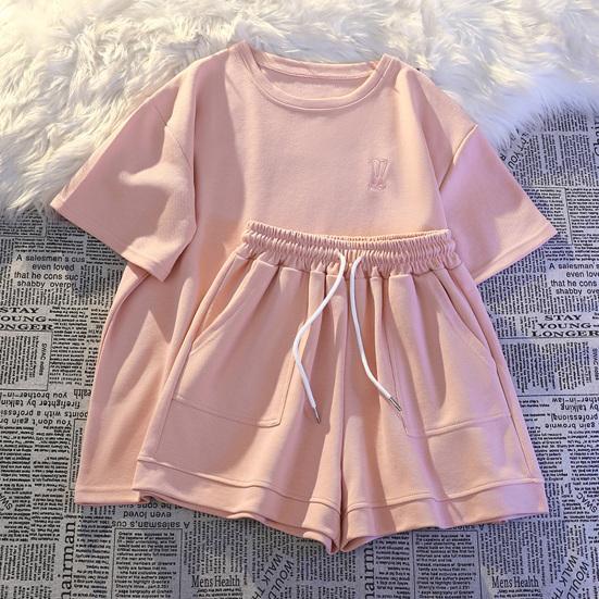 2 шт./компл., женская футболка, шорты, костюм с круглым вырезом, однотонный, с короткими рукавами, топ на шнурке, эластичная талия