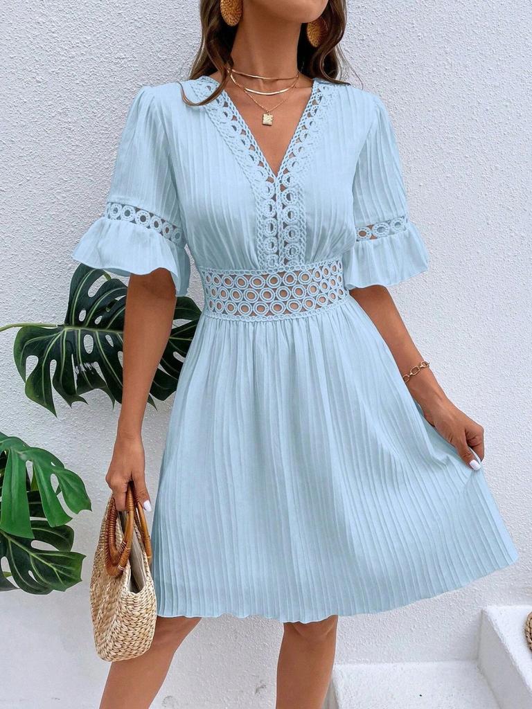 Fashion Women's Summer V Neck Casual Fashion Solid Color Pullover  Dress