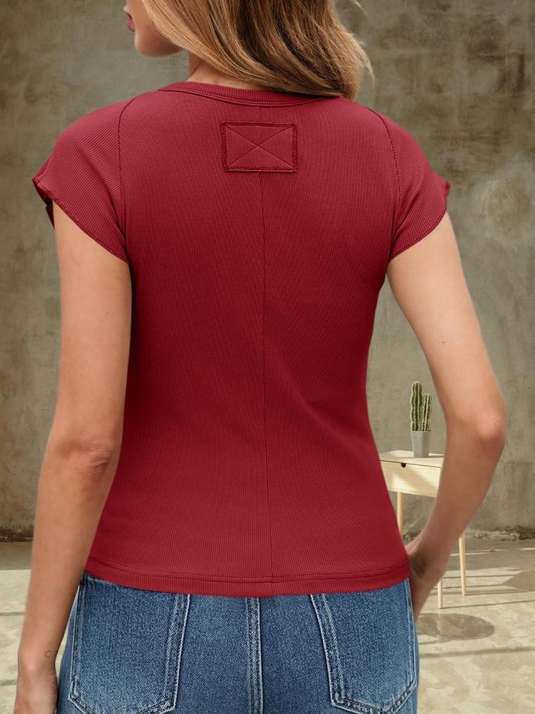 Womens Ribbed Knit T Shirt Cap Sleeve Crew Neck Slim Fit Summer Basic Top