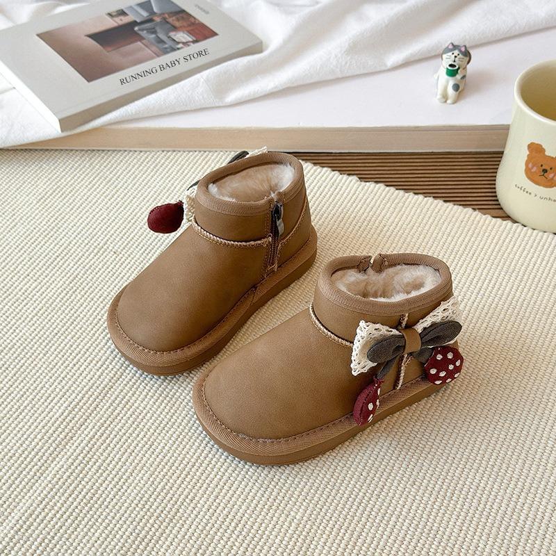 Sweet Girls Cherry Bow-te Cotton Boots Winter Cold-proof Children's Velvet Thickened Non-Slip Waterproof Snow Boots Shoes I10084