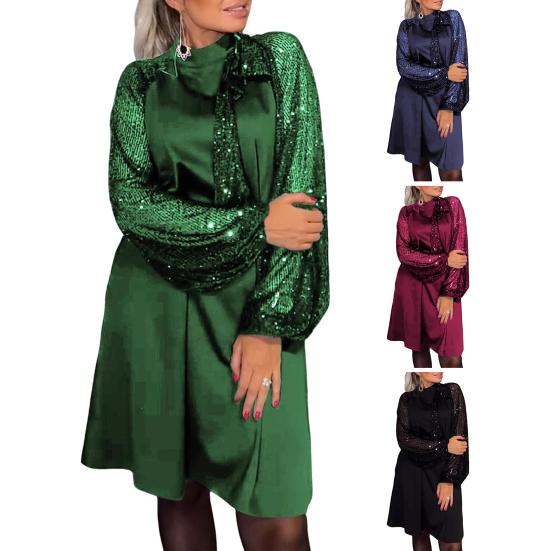 Women Dress Round Neck Lace-up Strap Shiny Sequin Patchwork Long Sleeves Midi Dress